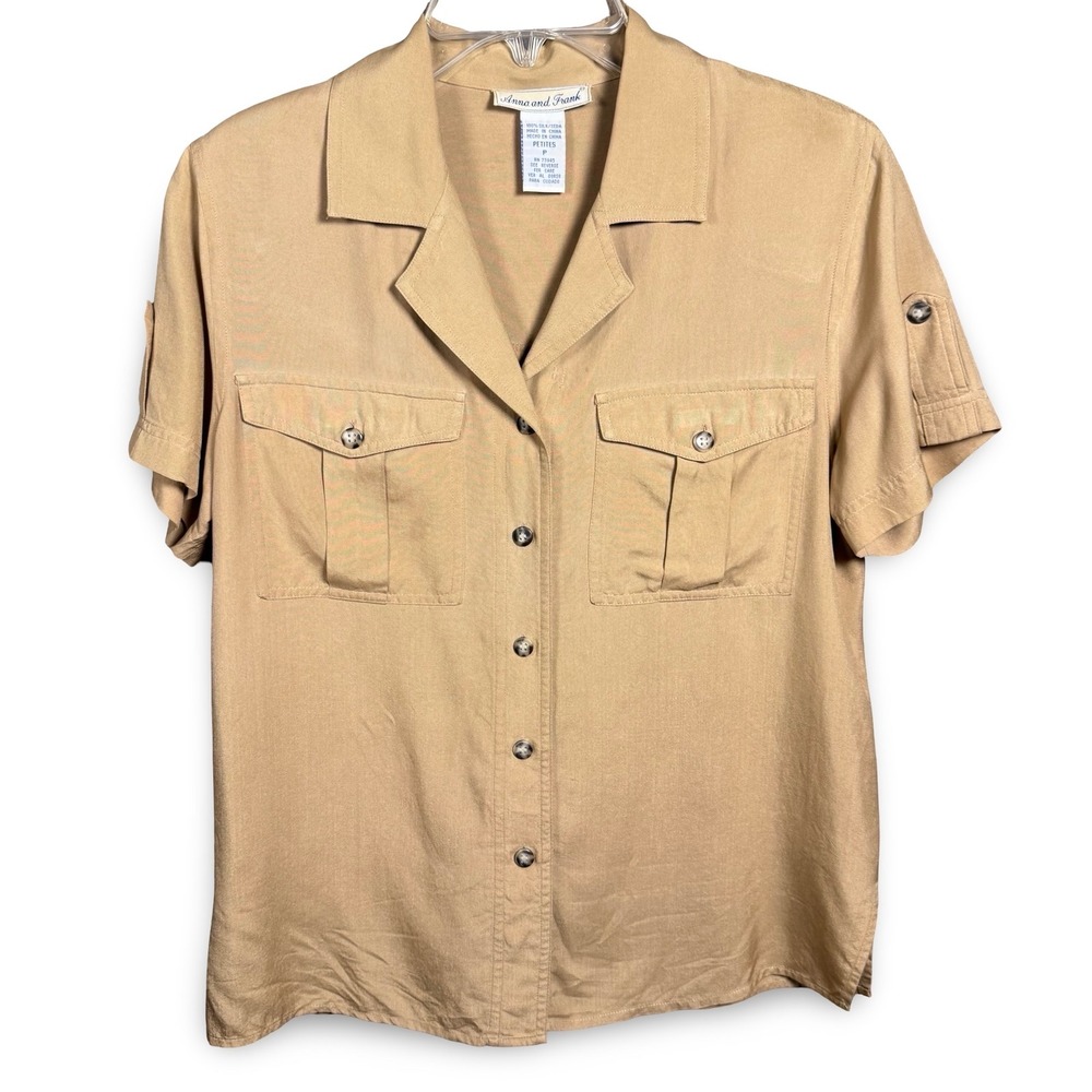 Anna and Frank Silk Safari Blouse Tan Khaki Short Sleeve Button Up Petites P S